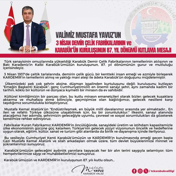 Vali Mustafa Yavuz’un 3 Nisan Mesajı