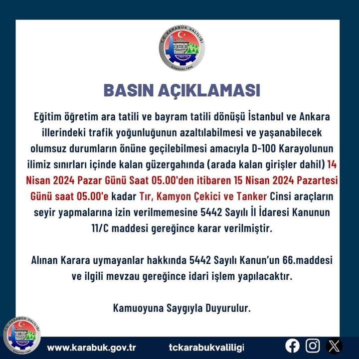 Ağır Araçların Pazar Günü Trafiğe Çıkması Yasaklandı