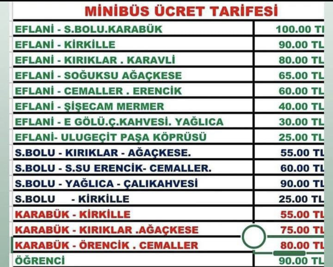 Eflani Safranbolu Karabük Arası 100 TL Oldu