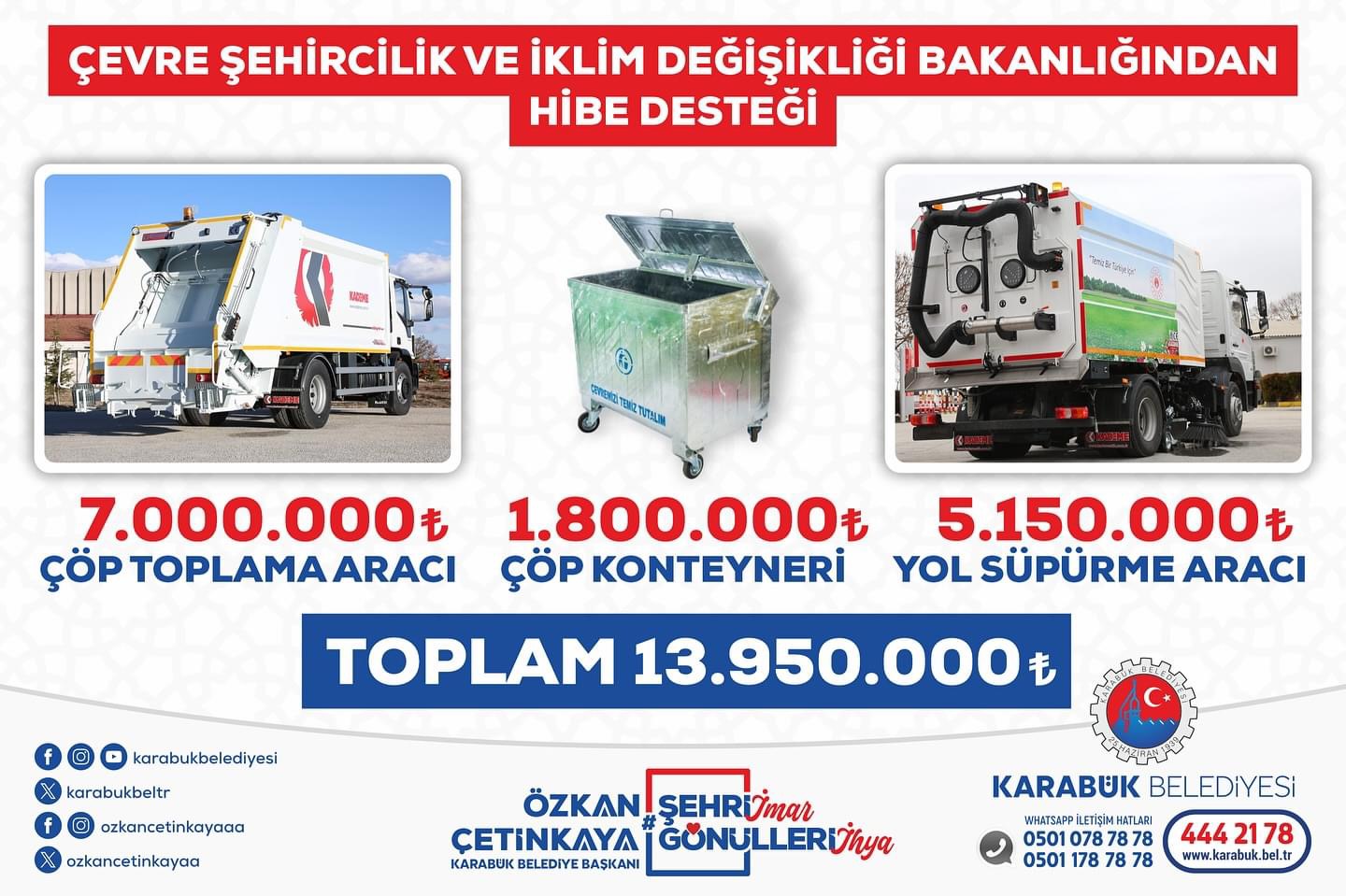 ÇEVRE ŞEHİRCİLİK VE İKLİM DEĞİŞİKLİĞİ BAKANLIĞINDAN KARABÜK BELEDİYESİNE BÜYÜK DESTEK