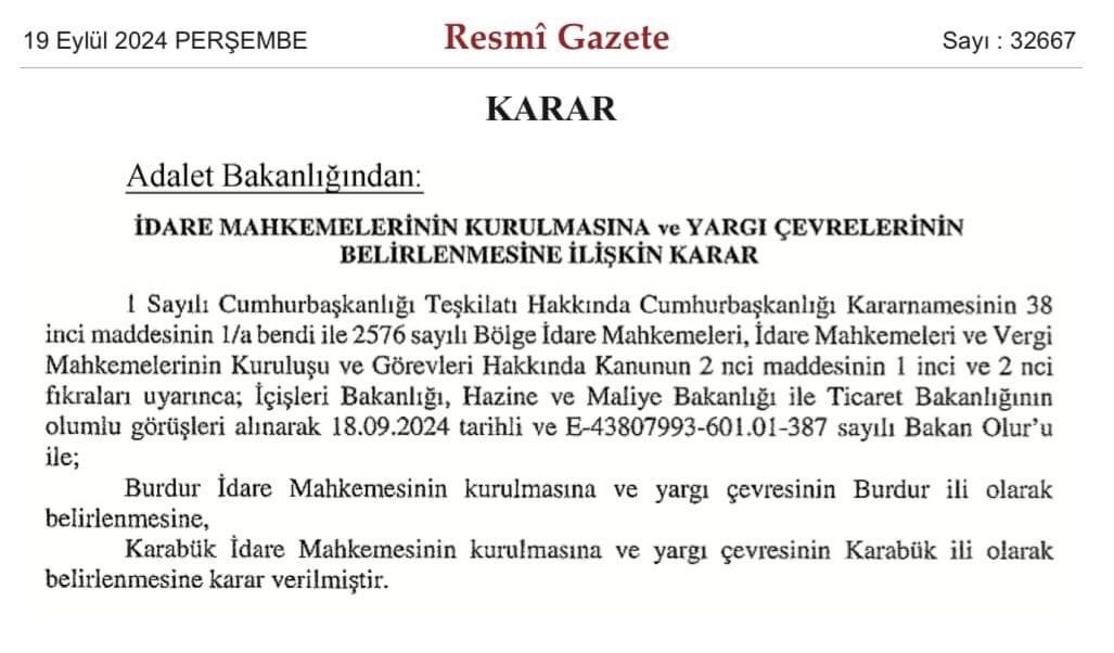 Karabük’te İdare Mahkemesi Kurulması Kararı Resmi Gazetede Yayınlandı