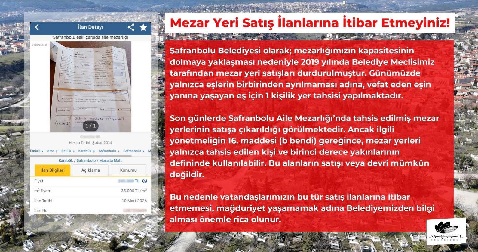 Safranbolu Belediyesinden Mezar Yeri Satış İlanlarına İtibar Etmeyin Uyarısı